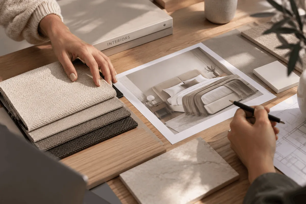 Designer de interior alegând mostre de textile și materiale pentru un dormitor